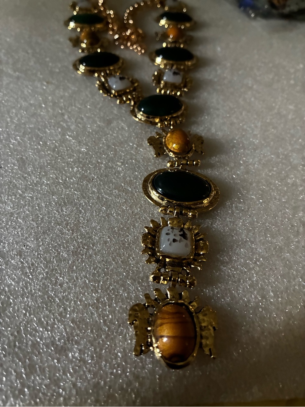 Gold-Tone Multi-Stone Statement Necklace in Green, White & Amber